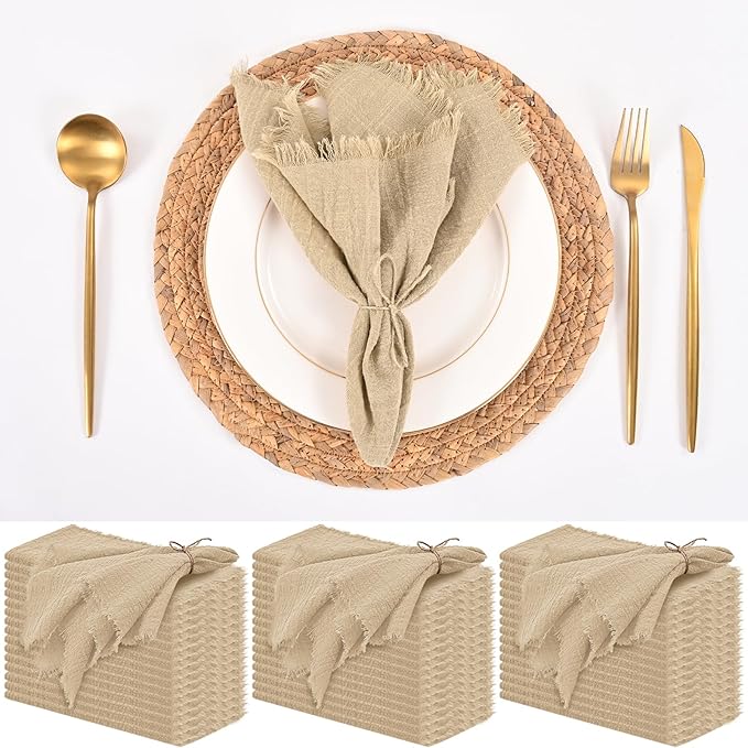50 Pack Caramel Handmade Cloth Napkins 16 x 16 Inch Cotton Linen Napkins with Fringe, Washable and Reusable Napkins, Soft Rustic Boho Fringe Cloth Napkins for Dinners,Parties, Wedding