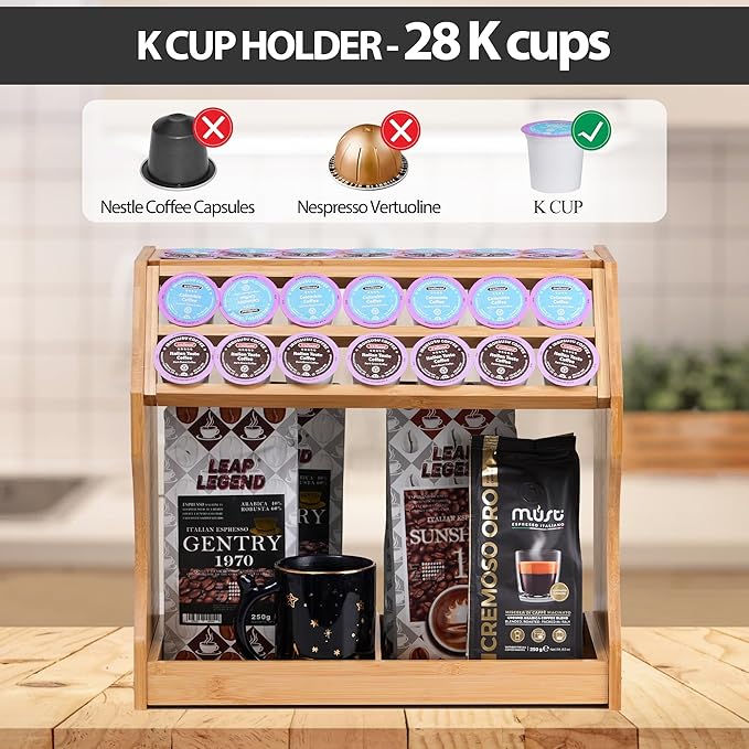 2-Tier K Cup Holder & Condiment Organizer, Bamboo Coffee Pod Organizer & Coffee Bar Accessory for Home or Office,Space-Saving Storage Rack with Handles