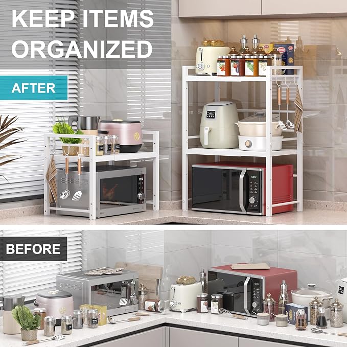 DOLALIKE Microwave Oven Rack, Expandable Microwave Stand Kitchen Countertop Organizer Utensils Storage, Carbon Steel Over Microwave Shelf with 3 Hooks (White, 3 Tier)