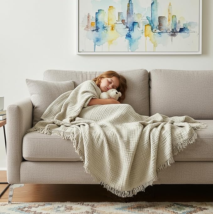 KyraHome 100% Organic Cotton Muslin Blankets for Adults, 60“x80 Pre-Washed Plant Dyed Breathable Gauze Lightweight Summer Throw Blanket for Couch, All Season, Oatmeal Khaki