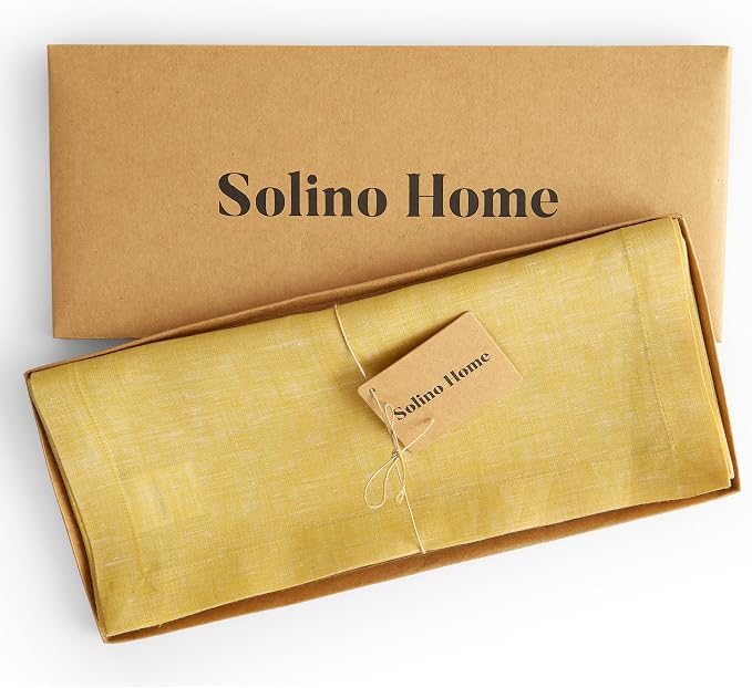 Solino Home Linen Table Runner 132 Inches Long - Athena, 100% Pure Linen Chambray Lemon Yellow Table Runner 14 x 132 Inch for Dining, Summer