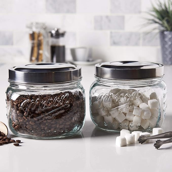 Mason Craft & More Airtight Kitchen Food Storage Clear Glass Pop Up Lid Canister, 2 Pack of Small 1.6 Liter Pop Up Canister