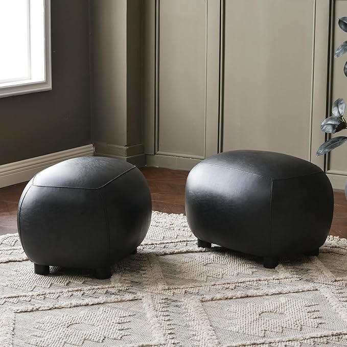 KINWELL 23" Wide Faux Leather Upholstered Ottoman Set of 2, Mid-Century Modern Living Room Footrest with Soft Padded Seat, Footstool for Bedroom, Entryway or Living Room, Black