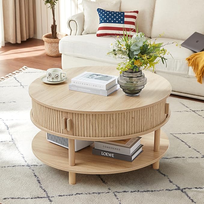 XUZENEST 31.5” Round Coffee Table with Storage, Mid Century Modern 2 Tier Coffee Table with Tambour Sliding Door, Solid Wood Legs Fluted Center Table for Living Room Home Office Small Space, Natural