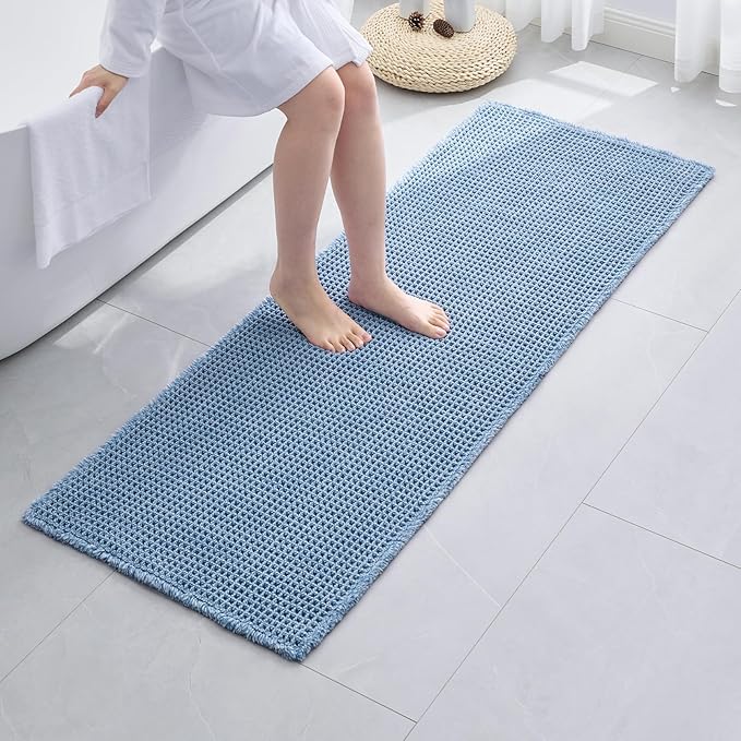 Disolla Waffle Bath Mat, Non Slip Absorbent Bathroom Runner Rug, Washable Quick Dry Ultra Soft Long Bathroom Floor Mat, Large Blue & White Bath Rug for Tub Shower, 24''x70''