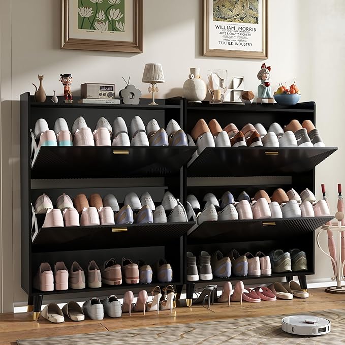 Shoe Cabinet Storage for Entryway: 65" Black Narrow Shoe Organizer Cabinet with 4 Flip Drawers, Modern Hidden Shoes Rack for Front Door Entrance (Black, 4 Drawers)