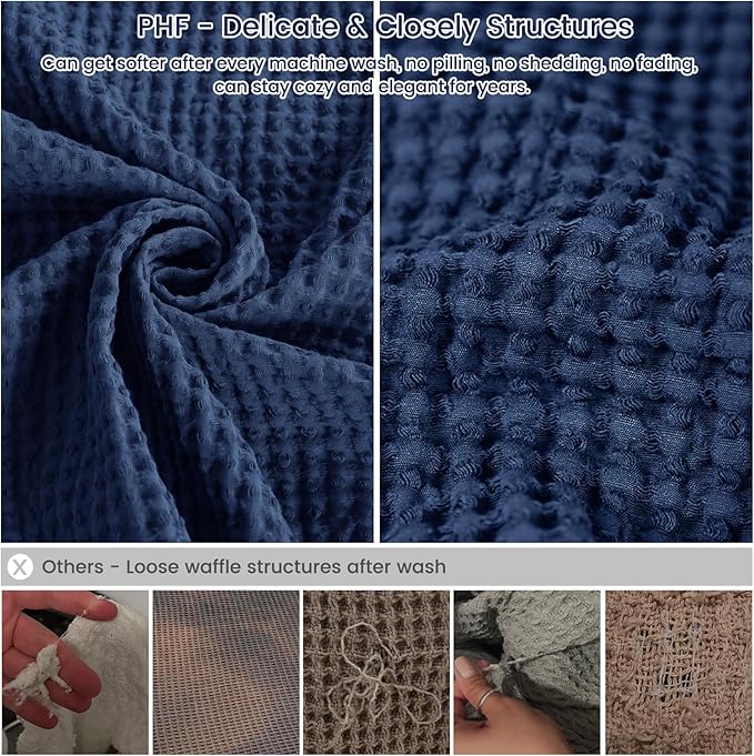 PHF Pre-Washed 100% Cotton Waffle Weave Throw Blanket for Couch, Lightweight Breathable Bed Blanket for Spring Summer, Snag Proof Machine Washable, Home Decor Gift - Navy Blue/Bright Blue