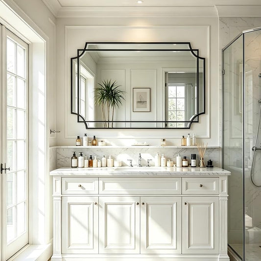Geometric Beveled Mirror, 48" x 31.6" Large Art Deco Mirror with Wood Frame, Black Rectangle Accent Wall Mirror for Entryway, Living Room, Bedroom, Bathroom, Horizontal/Vertical Hanging