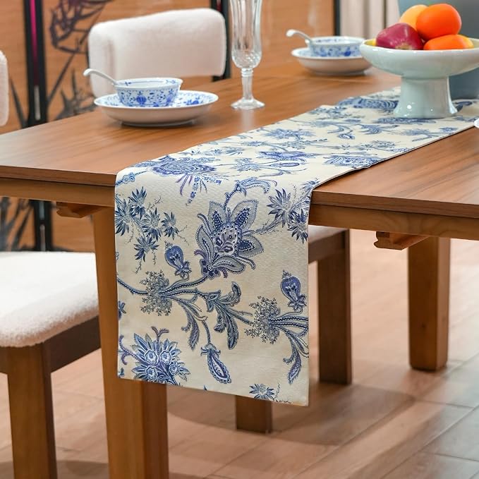 Blue Table Runner Cotton Polyester, Waterproof Seasonal Spring Summer Floral Retro Vintage Table Decoration for Kitchen Dining Home Party Decor 12x72 Inch