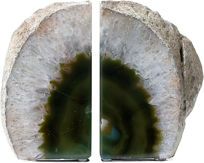 Nature's Decorations Green Agate Bookends – A+ Grade Geode Heavy Duty Decorative Stone Crystal for Shelves & Bookcases, Natural Polished Bookshelf Decor, 1 Pair 6-8Lbs