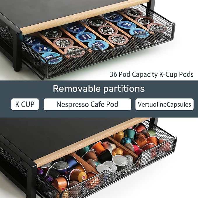 WILDMOS Coffee Pod Drawer,Coffee Station Organizer for Coffee Pod Storage,Movable Solid Wood Partition Board, Counter Coffee Bar Accessories for Nespresso Pods,Cream, Spoon, Sugar（Black)