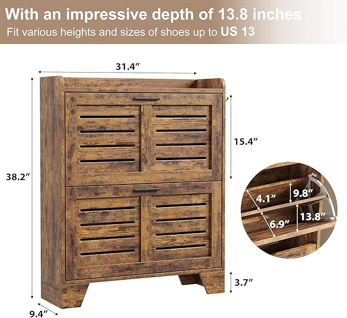 Garvee Shoe Storage Cabinet with 2 Flip Drawers, Freestanding Shoe Organizer Storage for Entryway with 2 Side Hooks, Farmhouse Hidden Slim Narrow Shoe Rack Cabinet, Rustic Brown