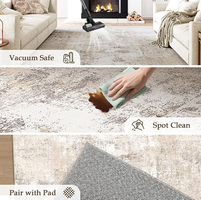 6x9 Washable Area Rug Beige Grey Abstract Non Slip Soft Medium Pile Rug for Living Room Bedroom Dining Room Office Neutral Modern Indoor Throw Carpet for Home Decor