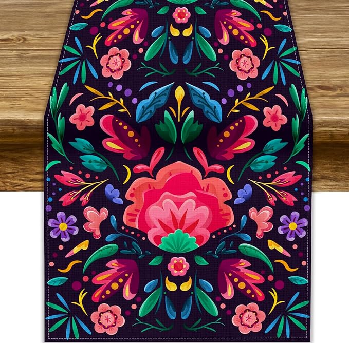 YCness Mexican Fiesta Table Runner Colorful Floral Plants Traditional Pattern Traditional National Ornament Table Runner for Party Living Room Home Bedroom Kitchen, 13x120 Inch