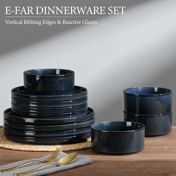 E-far 24-Piece Stoneware Dinnerware Sets, Plates and Bowls Sets for 8, Kitchen Dinning Porcelain Ribbed Dishes Set, Chip & Scratch Resistant, Dishwasher & Microwave Safe, Midnight Blue