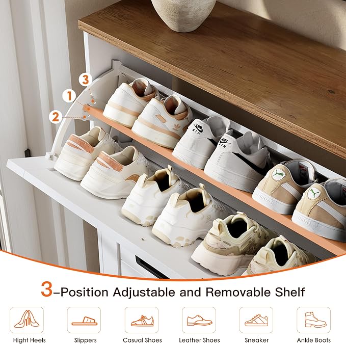 Shoe Storage Cabinet for Entryway, Nicetree Freestanding Shaker Barn Door Ultra Slim Shoe Cabinet With 3 Flip Drawers, Farmhouse Shoe Rack With 3-Tier Adjustable Shelves For Hallway Foyer Rustic-White