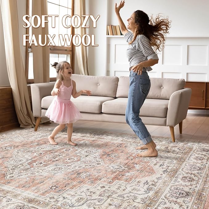 5x8 Area Rug Living Room: Washable Boho Large Neutral Vintage Soft Rug Stain Resistant Farmhouse Non-Slip Indoor Floor Retro Carpet for Bedroom Nursery Kids Office Dining Room- Pink Brown