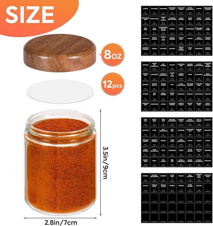 Yangbaga Glass Spice Jars with Labels: 12pc 8oz Round Seasoning Storage Containers with lid,Pepper Grinder,Funnel; Empty Spice Organizer Bottles for Kitchen Rack Drawer Cabinet