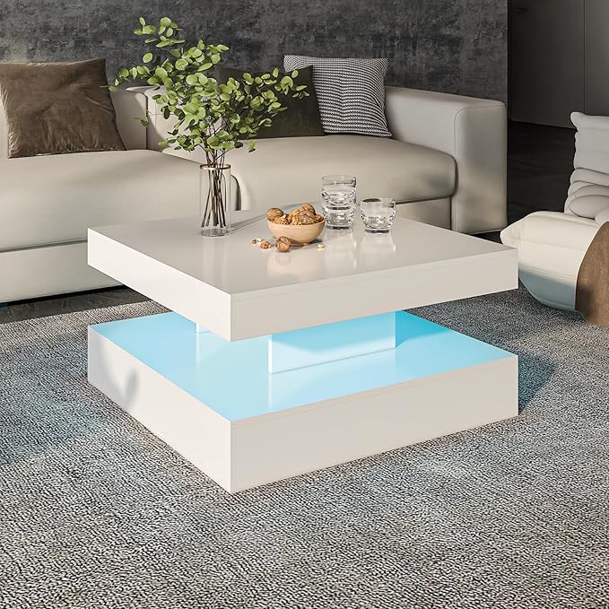 HedoAjim White LED Coffee Table for Living Room, 2-Tier Square Center Table Living Room Table, Modern High Glossy Contemporary Wood Coffee Tables with Storage, Suitable for Dining Reception