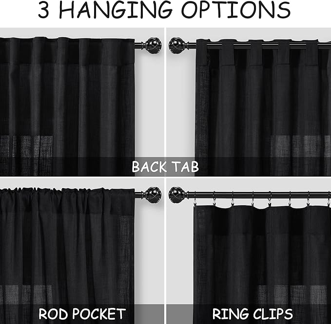 Black Linen Textured 96 Inch Curtains 2 Panel Set Back Tab Rod Pocket Sheer Light Filtering Boho Room Decor Aesthetic Curtains Burlap Look Curtain Drapes for Living Room Bedroom 8Ft 40x96 Inches
