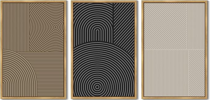 KUVIOKE Minimalist Abstract Boho Framed Wall Art Modern Mid-Century Bohemain Neutral Line Wall Decor Geometric Artwork Bedroom Decor 24x36in (Natural Framed)