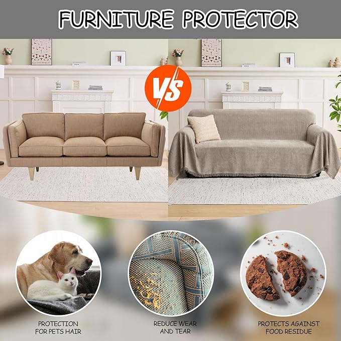 LOMAO Couch Cover Sofa Covers for 3 Cushion Sectional Couch Covers L Shape Couch Cover with Tassel Sofa Protector Washable Reversible Chenille Sofa Slipcover for Pet (Khaki,Large(71 * 118))