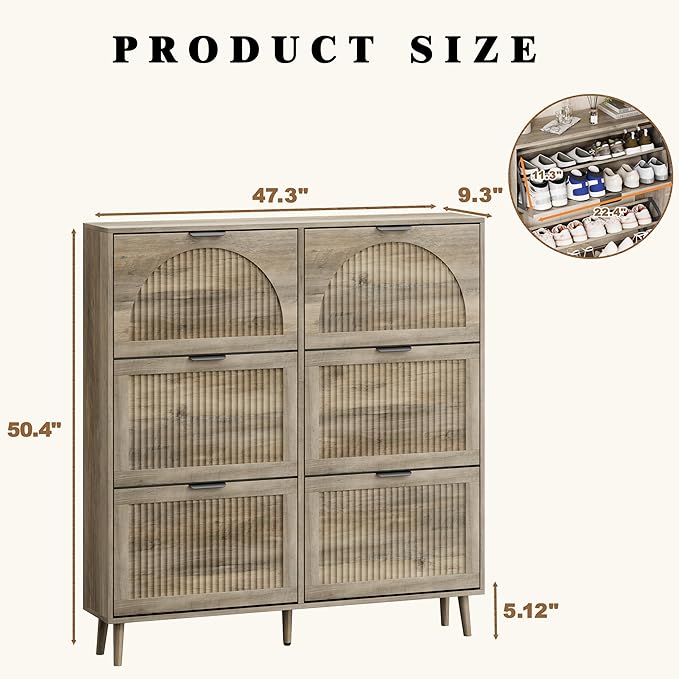 Shoe Storage Cabinet with 6 Flip Drawers, Narrow Wood Shoe Organizer Cabinet with Fluted Panel, Slim Shoe Rack for Entryway, Freestanding Shoe Cabinet for Living Room, Hallway, Grey
