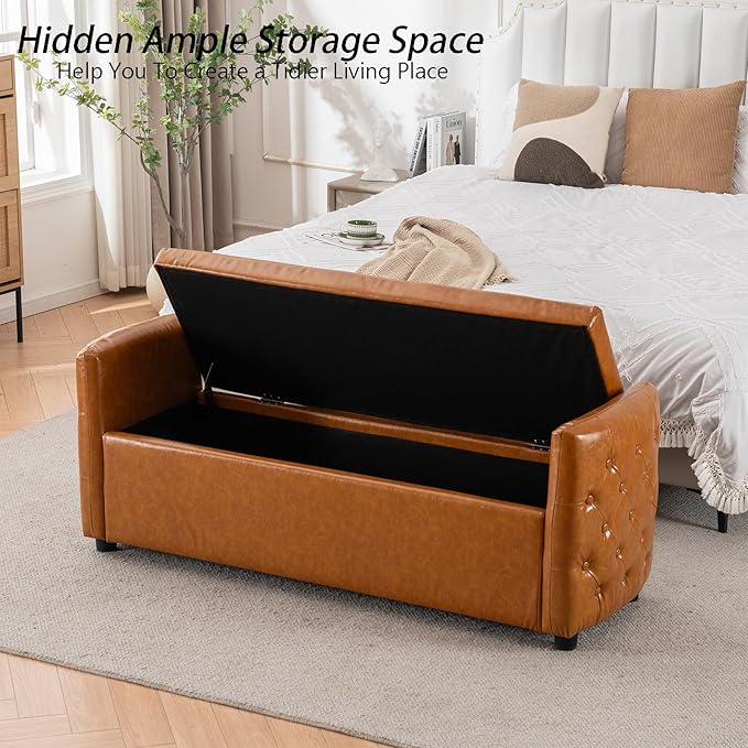 Storage Bench for Bedroom, 60" End of Bed Bench for King Size Bed,Tufted Bench Modern Upholstered Long Ottoman Bench with Arm (Camel Brown, Faux Leather-60 Wide)