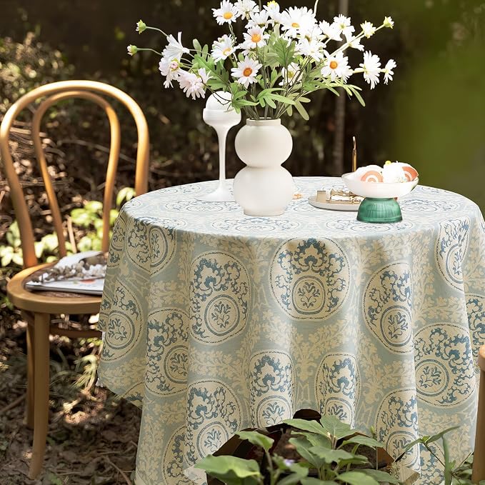 Vintage Blue Damask Square Tablecloth: Floral Linen Farmhouse Table Cloth - Pattern Printed on Burlap Textured Fabric Outdoor Table Cover for Kitchen,Dining,Party,Picnic Decor, 55x55 Inch