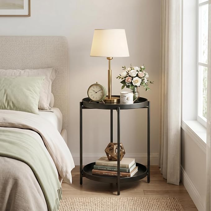 TeoKJ 2 Tier Round Side Table, Folding Round Metal End Table Small Nightstand with Two Removable Tray for Bedroom Living Room Bedside Small Spaces Black