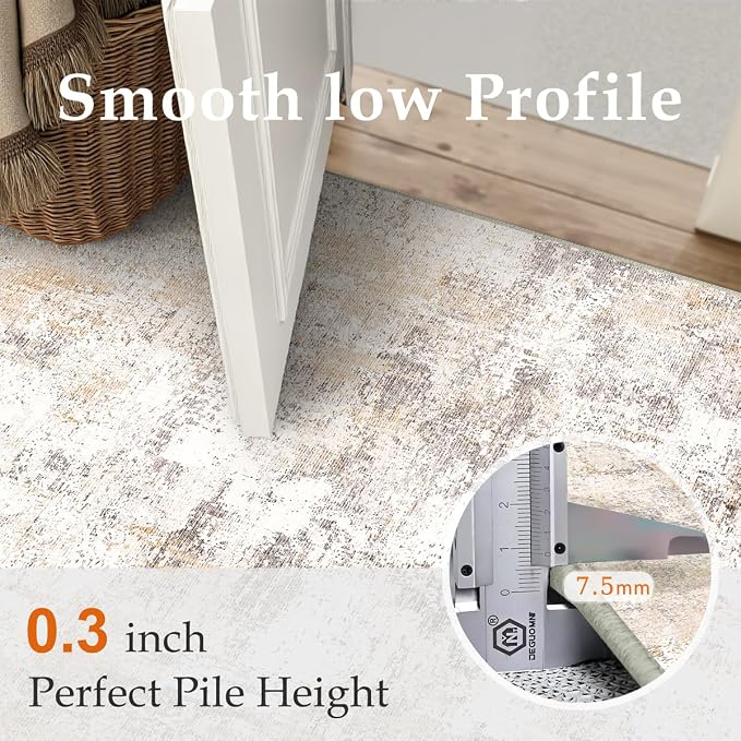 7x10 Washable Area Rug Beige Grey Abstract Non Slip Soft Low Pile Rug for Living Room Bedroom Dining Room Office Neutral Modern Indoor Throw Carpet for Home Decor