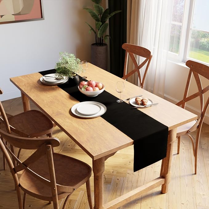 Encasa XO Dining Table Runner 13"x79" | Yarn Dyed Fine Ribbed Cotton | Solid Black | Machine Washable