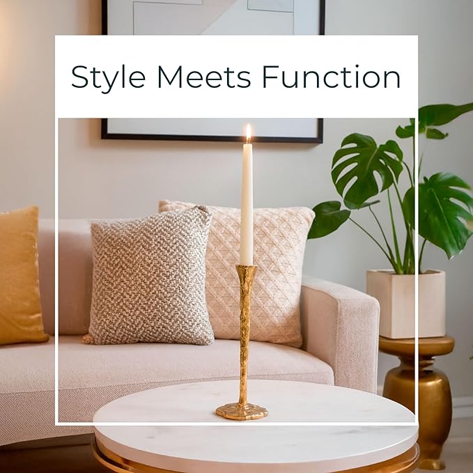 Sculpted Metal Candle Holder with Base – Abstrac Aluminum Decorative Taper Candle Holders – Metalic Office and Home Decor Accents for Living Room & Bedroom – 11", Gold