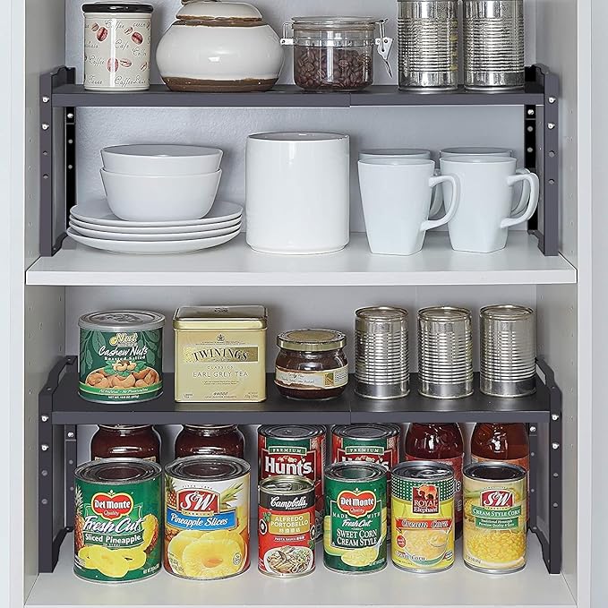 Jojocross Expandable Shelf for Cabinet Organizer Adjustable Stackable Spice Rack at Kitchen and Bathroom more, Counter Countertop Cupboard Organization Pantry Storage(MEDIUM/2PACKS/BLACK)