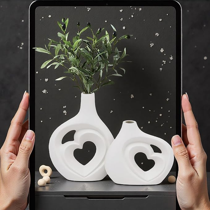 White Heart Shaped Hollow Ceramic Vase Set of 2, Modern Nordic Boho Style Home Decor for Table Centerpiece Dining Living Room Book Shelf Decoration, Matte Finish, H 8.5in