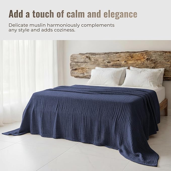 4-Layer Muslin Cotton Bed Blanket Twin Size (66 x 90 inches) – Soft, Breathable, Lightweight All-Season Gauze Blanket, Machine Washable – Navy