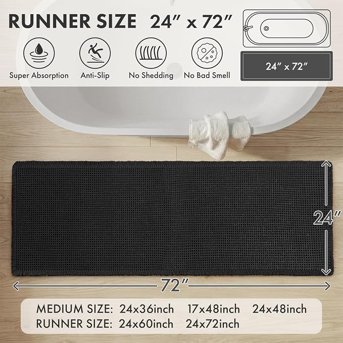 MIULEE Waffle Bathroom Runner Rugs, Super Absorbent Non Slip Bath Rug, Upgraded Soft Quick Dry Washable Boho Long Bath Mat with Tassels for Hallway Laundry Room Bedroom, 2'x6' (24"x72"), Black