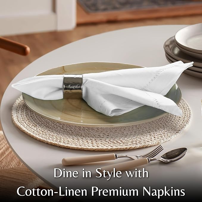 Ramanta Home White Coth Dinner Napkin Set of 12 Premium Easter Cotton 18X18 Inch Linen Flax Hemstitched Soft & Durable Napkins Ideal for Everyday Use, Wedding Parties, Spring Basket Decor