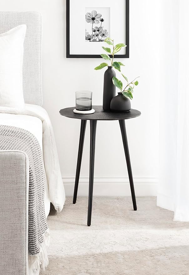 Kate and Laurel Sancia Modern Round Side Table; 16 x 16 x 20; Black; Sand Casted Aluminum Bedside Table for Display and Storage as a Bedroom Nightstand or Living Room Accent