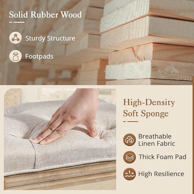 LUE BONA 60" Fabric End of Bed Bench, Upholstered Tufted French Bedroom Bench with Carved Legs for Bedroom End of King Size Bed, Living Room, Linen