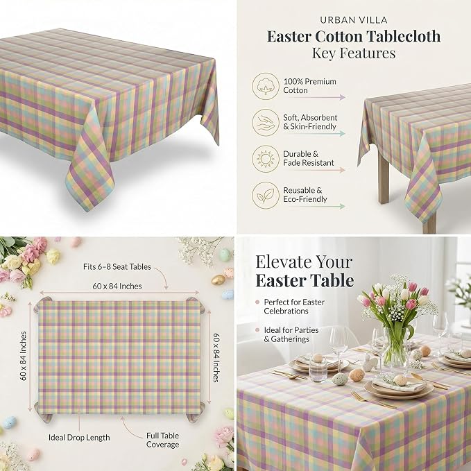 Urban Villa Easter Tablecloth Buffalo Check Table Cloth Tabletop Cover Kitchen Dining Tablecloth 100% Cotton Great Parties Wedding Holiday Dinner Easter Rectangle 60X84 Inches 6-8 Seats Table Cloth