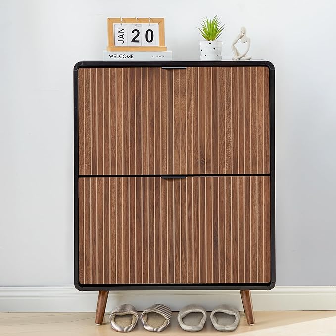 FurSch Fluted Shoe Cabinet Storage for Entryway,Slim Shoe Cabinet with 2 Flip Drawers, Narrow Shoes Rack Organizer (All Walnut, 2 Drawers)