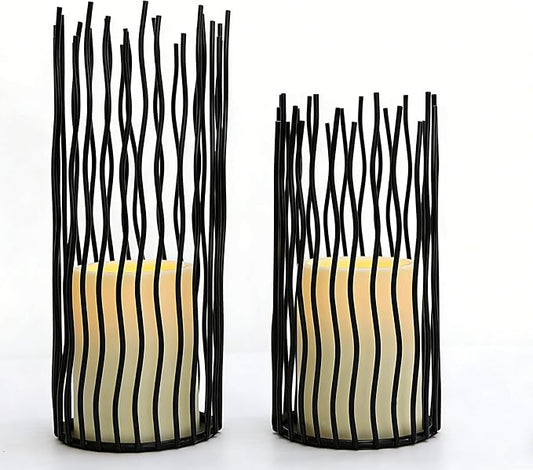 8 & 10inches Height Versatile Farmhouse Black Metal Iron Wire Willow Candle Holders with Led Waterproof Candles, Cage Candlestick Holders for Pillar Candle & Plants, Home Décor (Black)