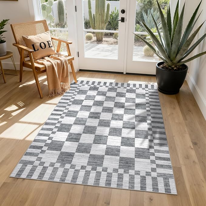 GarveeHome Grey Checkered Rug,Washable 3x5 Rug Non Slip for Entryway, Soft Low-Pile, Modern Farmhouse Geometric Small Area Rugs for Bedroom Kitchen