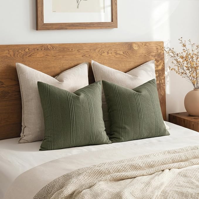MIULEE Striped Euro Sham Pillow Covers 26x26 Decorative Textured Throw Pillow Covers Pack of 2 Linen Cushion Cases for Couch Bed Sofa Livingroom Farmhouse Home Decor, Olive Green