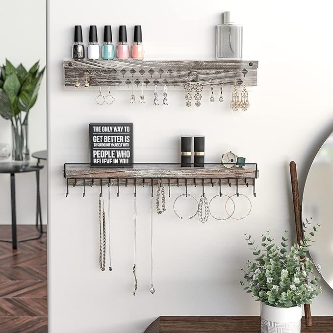 J JACKCUBE DESIGN Wall Mount Necklace Holder Jewelry Hanger with 23 Hook Necklace & Bracelet Racks, Rustic Farmhouse Wood Earring Display with Clear Acrylic - MK585A
