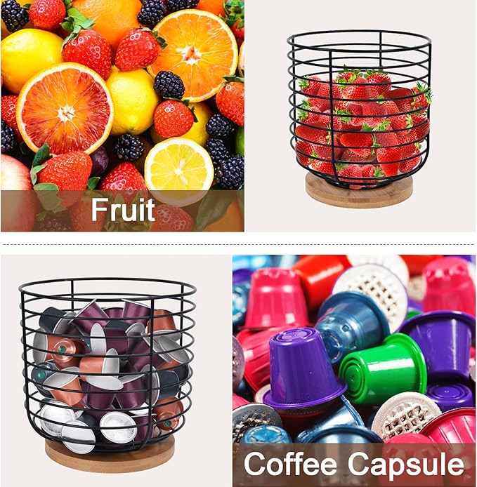 2pcs K Cup Holder Organizer - Coffee Pods Storage Organizer - Coffee Bar Accessories - Large Capacity Black Wire Kup Storage with Bamboo Base