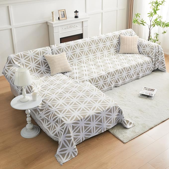 LOMAO Couch Cover Sofa Covers for 3 Cushion Sectional Couch Covers L Shape Couch Cover with Tassel Sofa Protector Washable Reversible Chenille Sofa Slipcover for Pet (1-Oatmeal,XLarge(71 * 134))