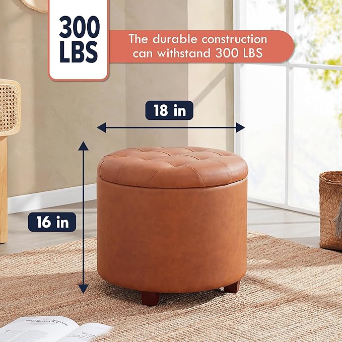Ornavo Home Decor Round Ottoman with Storage, Round Vanity Chair Stool Ottoman Pouf with Storage for Living Room and Bedroom, Faux Leather Cognac