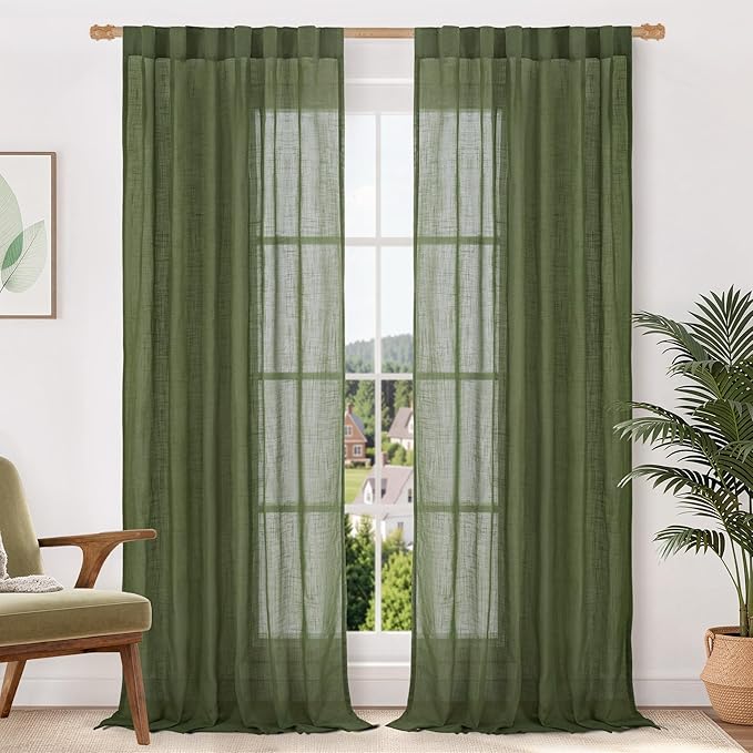 LAMIT Olive Green Sheer Linen Curtains 84 Inches Long 2 Panels Set, Light Filtering Living Room Panels Back Tab and Rod Pocket Christmas Farmhouse Drapes for Bedroom/Sliding Glass Door, 52 x 84 Inch